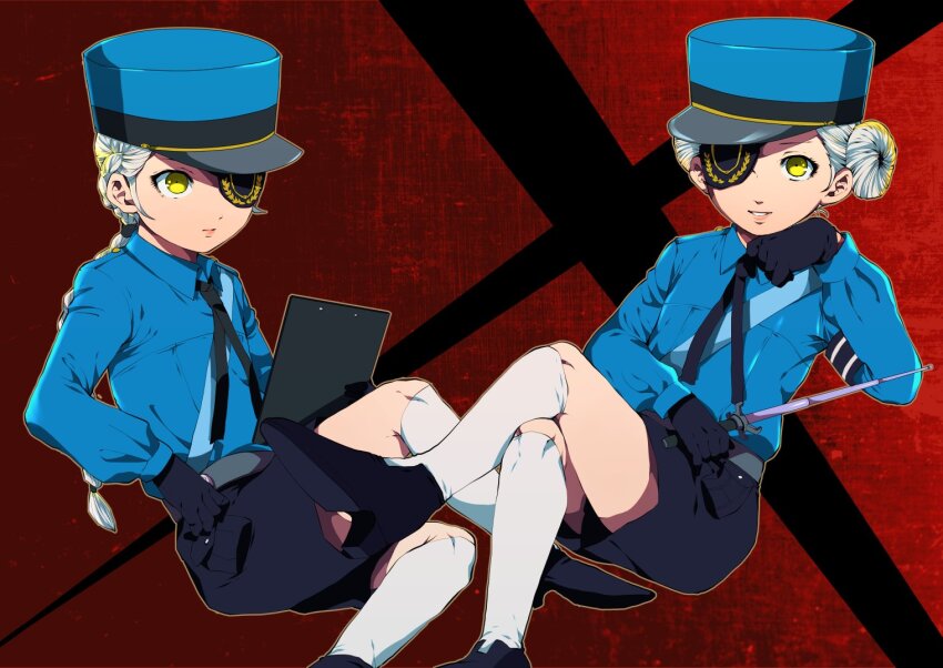 2girls, armband, baton_(weapon), black_footwear, black_ribbon, black_shorts, blue_headwear, blue_shirt, braid, caroline_(persona_5), clipboard, closed_mouth, double_bun, expandable_baton, eyepatch, grin, hair_bun, high_heels, holding, holding_clipboard, justine_(persona_5), long_sleeves, masuiiizo, matching_outfits, multiple_girls, persona, persona_5, red_background, ribbon, shirt, shorts, siblings, smile, socks, twins, weapon, white_socks, yellow_eyes