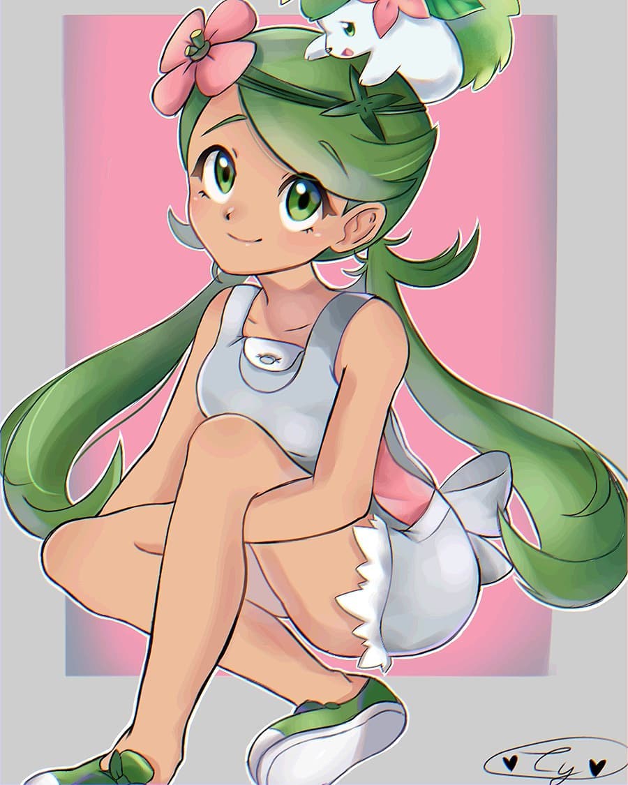 1girl, breasts, dark-skinned_female, dark_skin, flower, gen_4_pokemon, green_eyes, green_hair
