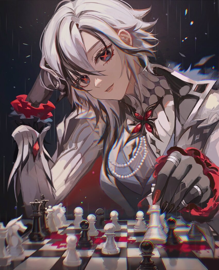 1girl, arlecchino_(genshin_impact), black_hair, black_nails, chess_piece, chessboard, chromatic_aberration, commentary