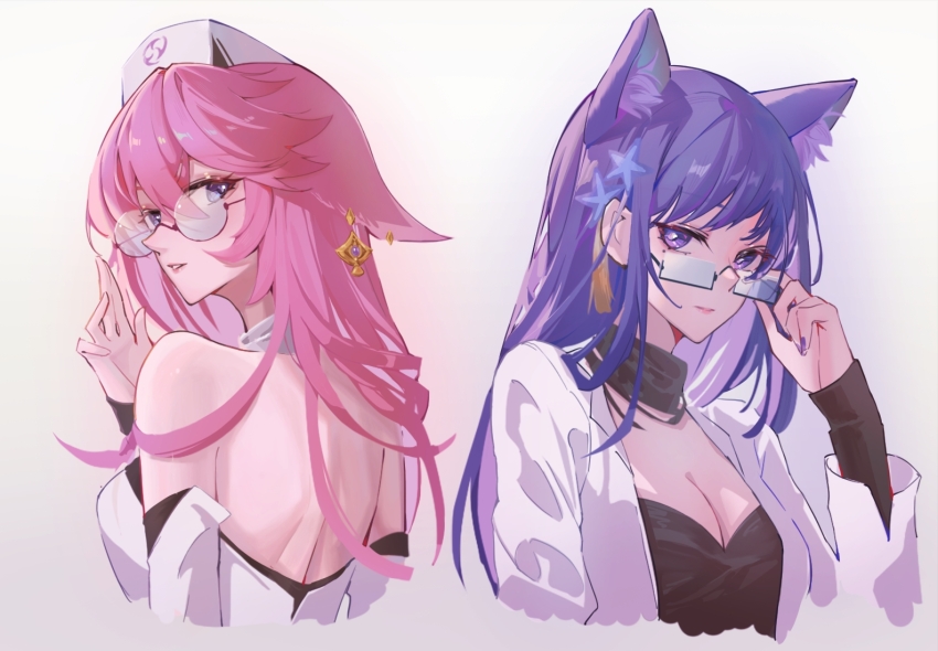 2girls, animal_ear_fluff, animal_ears, breasts, cleavage, closed_mouth, doctor, earrings