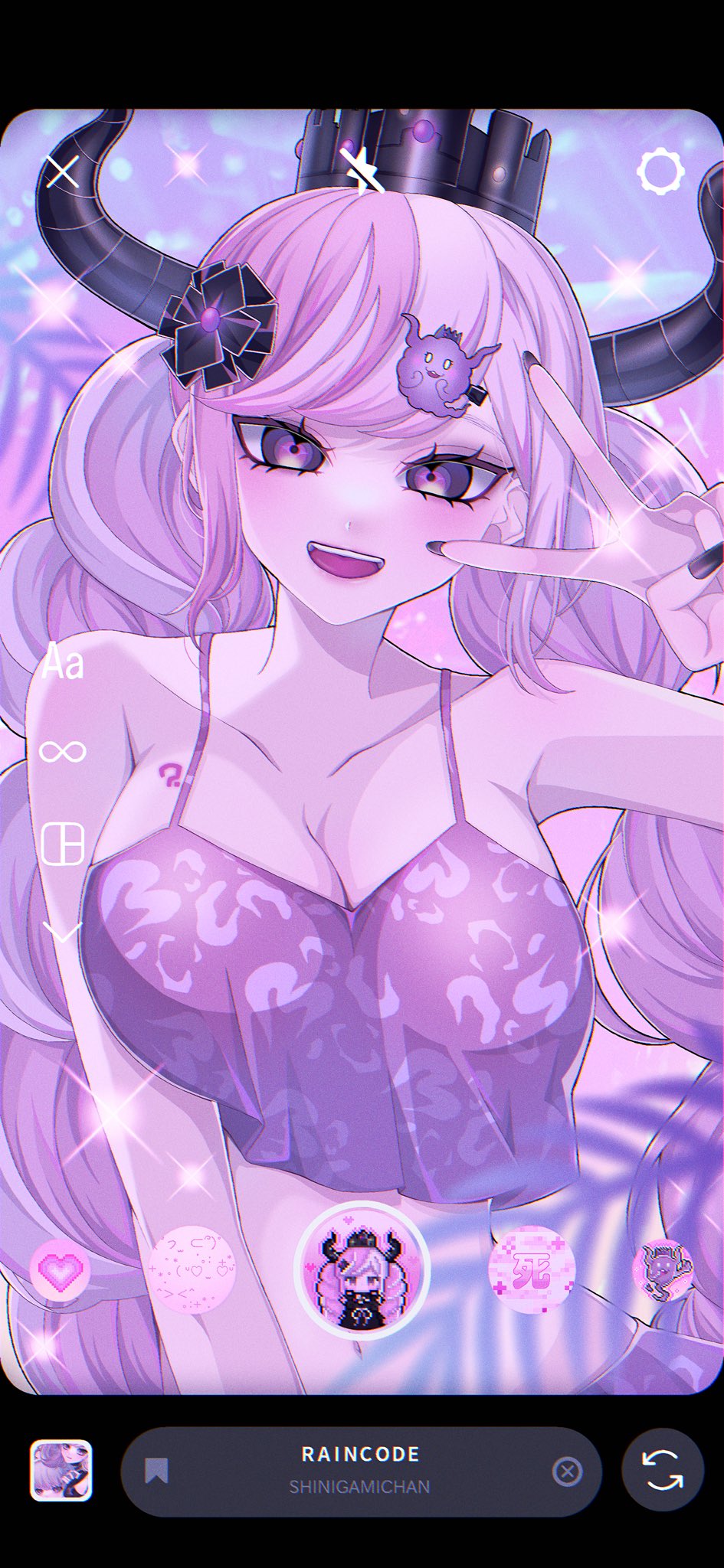 1girl, :d, bare_shoulders, black_flower, black_horns, black_nails, braid, breasts