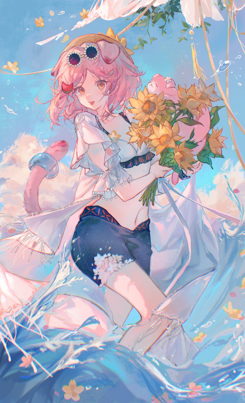 1girl, :d, absurdres, animal_ears, arknights, bikini, bikini_top_only, blue_shorts