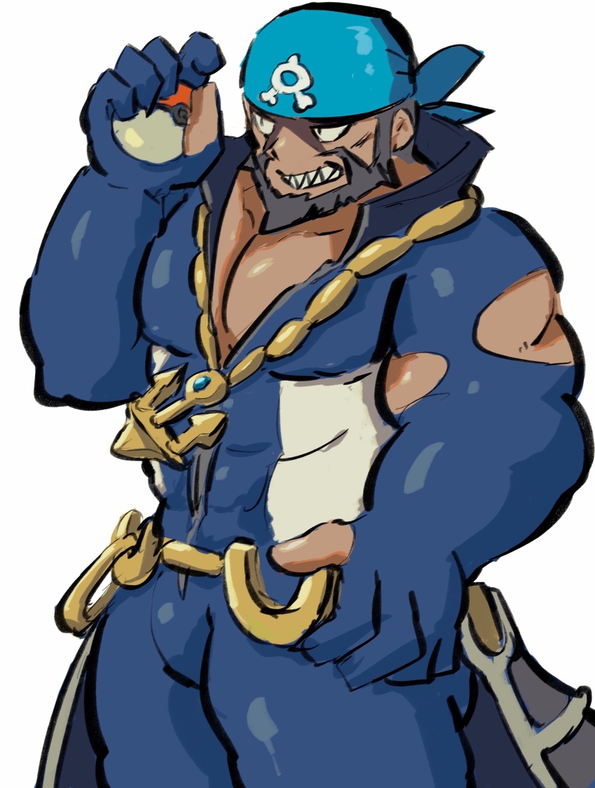 1boy, absurdres, anchor_necklace, archie_(pokemon), bandana, bara, beard, black_eyes