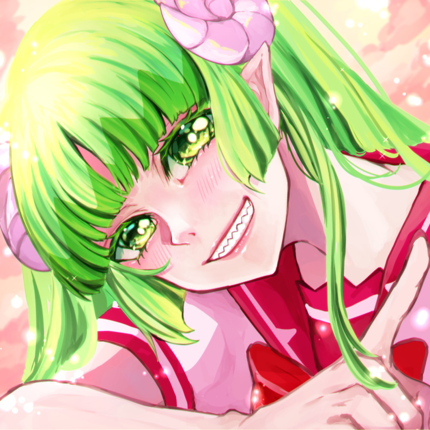 1girl, babyls_school_uniform, bow, curled_horns, green_eyes, green_hair, highres, horns, long_hair, looking_at_viewer, mairimashita!_iruma-kun, pointy_ears, red_bow, school_uniform, sharp_teeth, smile, syun_(ginmone), teeth, upper_body, valac_clara