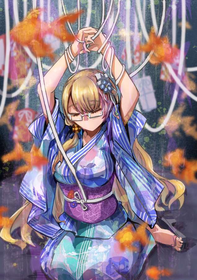 1girl, animal_print, blonde_hair, blue_kimono, breasts, closed_eyes, fish, fish_print