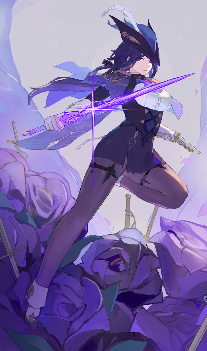 1girl, absurdres, antique_firearm, black_corset, black_pantyhose, blue_cape, blue_hair, blue_hat