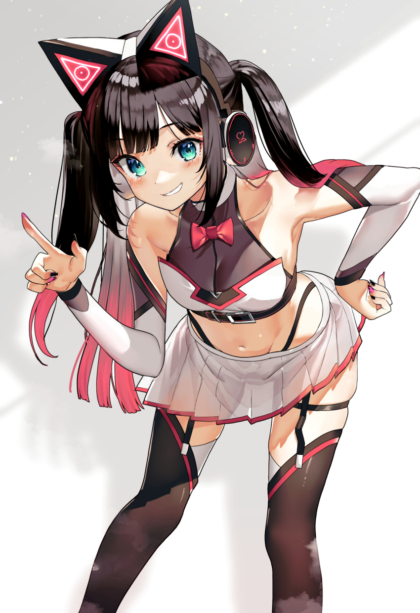 1girl, animal_ear_headphones, animal_ears, aqua_eyes, arm_warmers, armpits, black_nails, bow