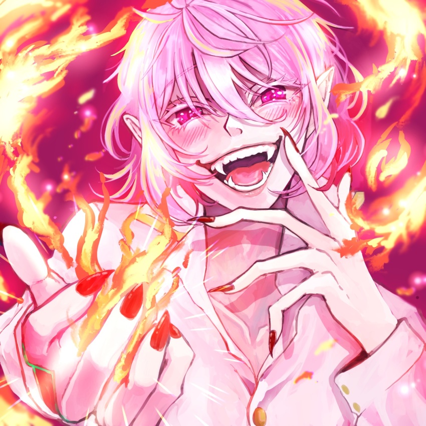 1boy, :d, asmodeus_alice, fangs, fire, hair_between_eyes, highres, long_sleeves, magic, mairimashita!_iruma-kun, male_focus, open_mouth, pink_eyes, pink_hair, pointy_ears, red_nails, shirt, smile, solo, syun_(ginmone), white_shirt