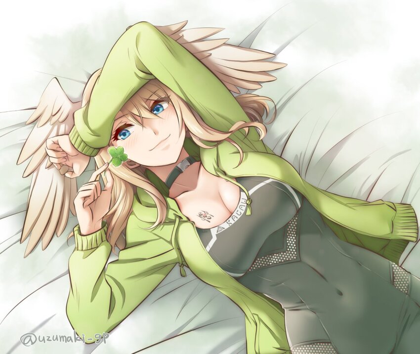 1girl, black_bodysuit, blonde_hair, blue_eyes, bodysuit, breast_tattoo, breasts, cleavage