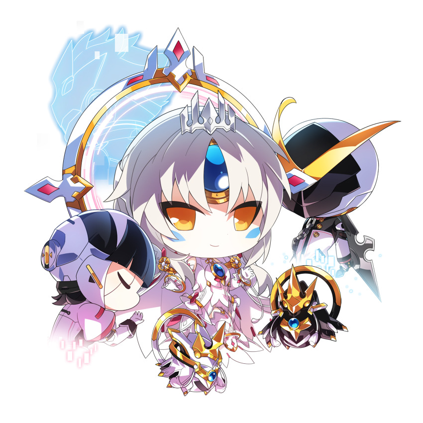 1boy, 2girls, black_hair, boots, chibi, closed_eyes, closed_mouth, code:_esencia_(elsword)