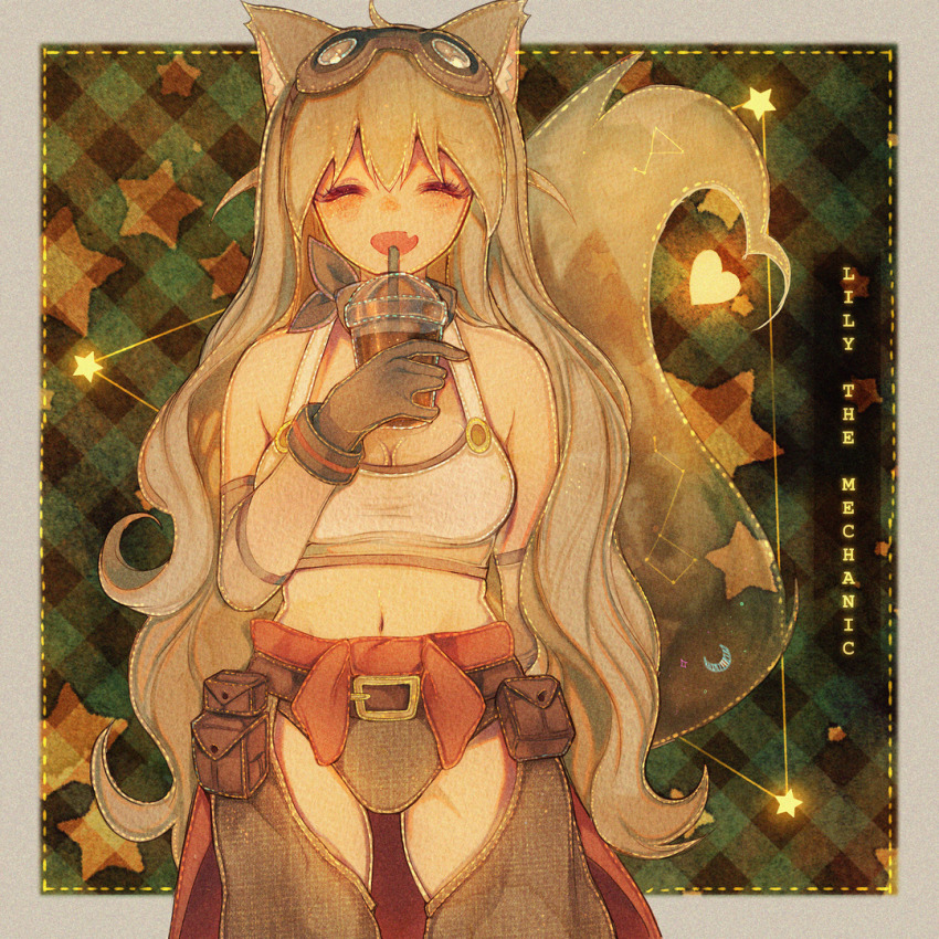 1girl, animal_ear_fluff, animal_ears, bare_shoulders, belt, belt_buckle, black_gloves, blue_background, blush, border, breasts, brown-framed_eyewear, brown_belt, buckle, buttons, character_name, cleavage, closed_eyes, clothes_around_waist, commentary, constellation, crescent, cup, detached_sleeves, disposable_coffee_cup, disposable_cup, drink, drinking, drinking_straw, english_commentary, fang, fox_ears, fox_tail, gloves, goggles, goggles_on_head, grey_border, grey_pantyhose, heart, holding, holding_drink, hoshi-pan, jacket, jacket_around_waist, lily_the_mechanic, long_hair, long_sleeves, lost_pause, medium_breasts, midriff, navel, open_mouth, pantyhose, plaid_background, pocket, red_jacket, side_slit, smile, star_(symbol), star_symbol_background, tail, tank_top, transparent, very_long_hair, white_hair, white_sleeves, white_tank_top