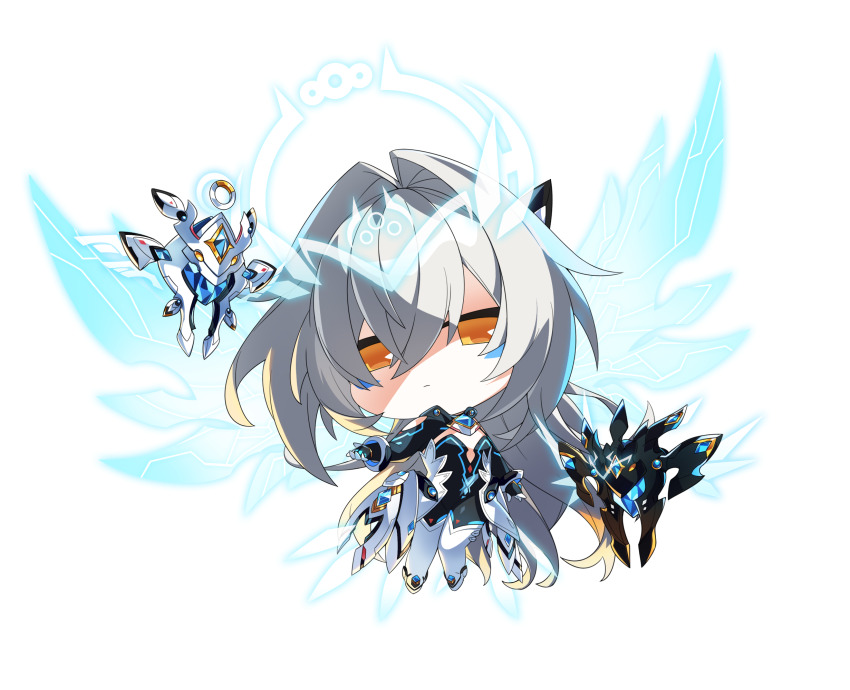 1girl, black_gloves, blue_halo, boots, chibi, cleavage_cutout, clothing_cutout, code:_sariel_(elsword)