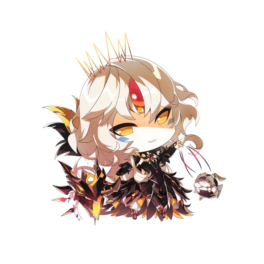 1girl, boots, chibi, cleavage_cutout, clothing_cutout, code:_antithese_(elsword), commentary_request, crown