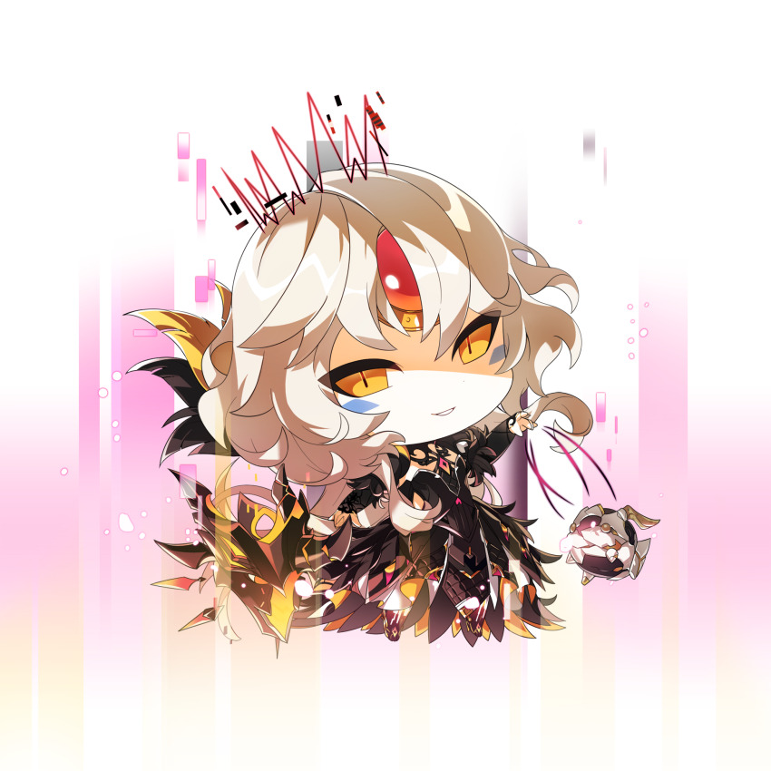 1girl, boots, chibi, cleavage_cutout, clothing_cutout, code:_antithese_(elsword), commentary_request, crown