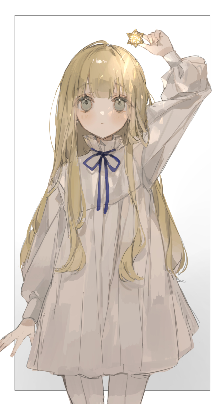 1girl, absurdres, arm_up, blonde_hair, blue_ribbon, closed_mouth, dress, highres