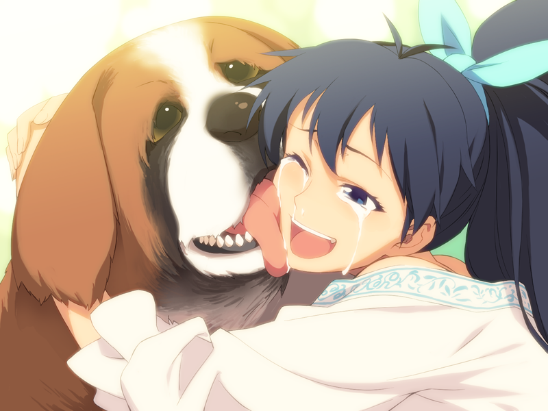 1girl, animal, antenna_hair, black_hair, blue_eyes, bow, dog, female_focus