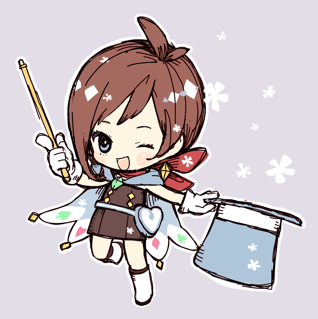 1girl, ;d, ace_attorney, antenna_hair, black_dress, blue_cape, blue_eyes, blue_hat