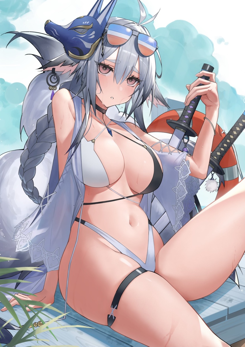 1girl, absurdres, animal_ears, arm_behind_back, arm_support, azur_lane, bikini, black_choker, blush, braid, braided_ponytail, breasts, choker, cleavage, eyewear_on_head, fox_ears, fox_girl, fox_mask, fox_tail, hair_between_eyes, hand_up, highleg, highleg_bikini, highres, holding, holding_sword, holding_weapon, innertube, katana, kitsune, knee_up, large_breasts, leg_up, long_hair, looking_at_viewer, mask, mask_on_head, multiple_tails, navel, nervous, parted_lips, pink_eyes, shian-chu, sitting, solo, staring, stomach, sunglasses, swim_ring, swimsuit, sword, tail, thighs, tosa_(azur_lane), tosa_(hometown_zest)_(azur_lane), very_long_hair, weapon, wet, white_hair, wide_sleeves