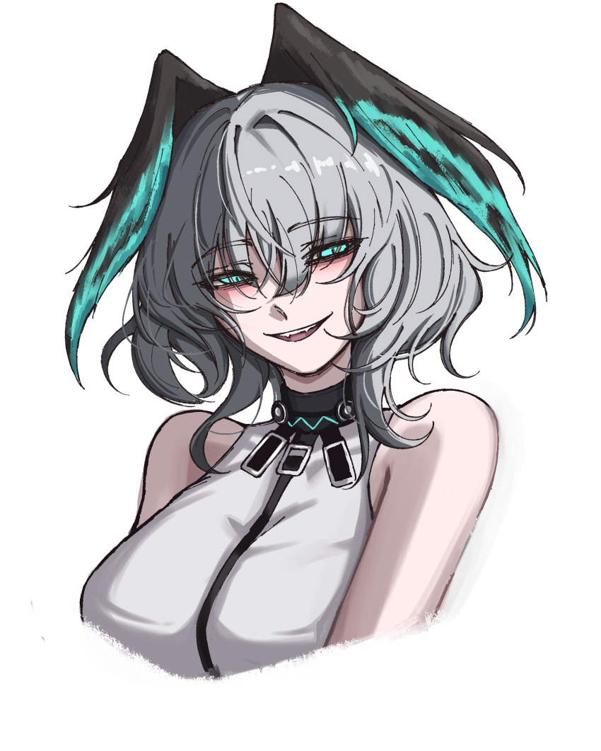 1girl, :d, aqua_eyes, arknights, bare_shoulders, breasts, commentary_request, cropped_torso