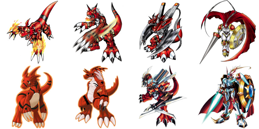 armor, bandai, cape, claws, cyborg, digimon, digimon_(creature), dukemon, dukemon_x-antibody, energy_lance, evolutionary_line, growmon, growmon_x-antibody, guilmon, guilmon_x-antibody, lance, megalogrowmon, megalogrowmon_x-antibody, muscular, polearm, sharp_teeth, shield, simple_background, tail, teeth, third-party_edit, weapon, white_background