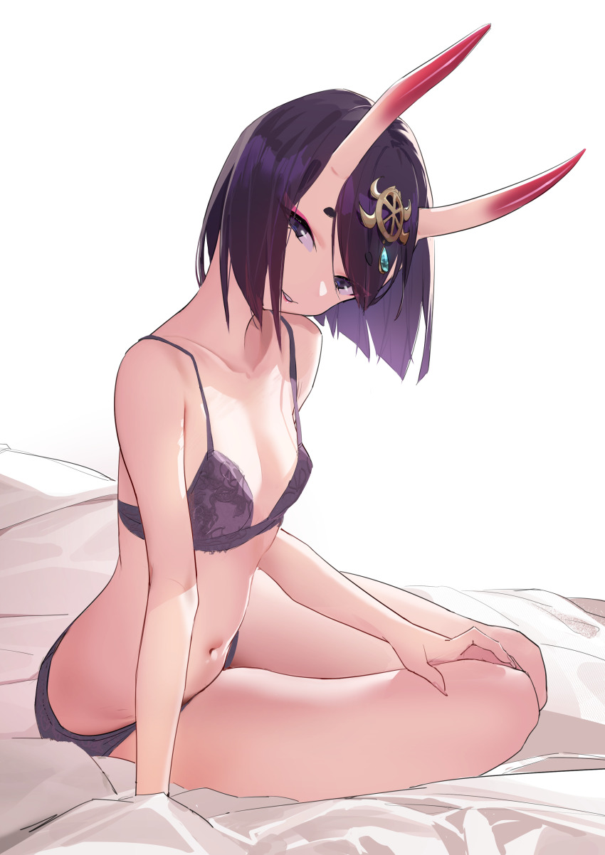 1girl, absurdres, bare_shoulders, bob_cut, bra, breasts, collarbone, eyeliner, fate/grand_order, fate_(series), headpiece, highres, horns, looking_at_viewer, makeup, navel, oni, panties, purple_bra, purple_eyes, purple_hair, purple_panties, raywallin, short_hair, shuten_douji_(fate), sitting, skin-covered_horns, small_breasts, smile, solo, thighs, underwear
