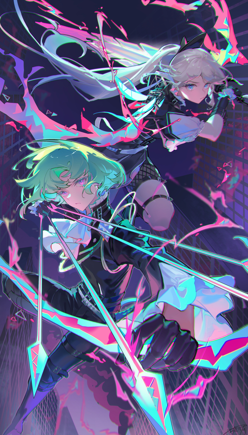 1boy, 1girl, absurdres, arrow_(projectile), ascot, asona, black_dress, black_gloves