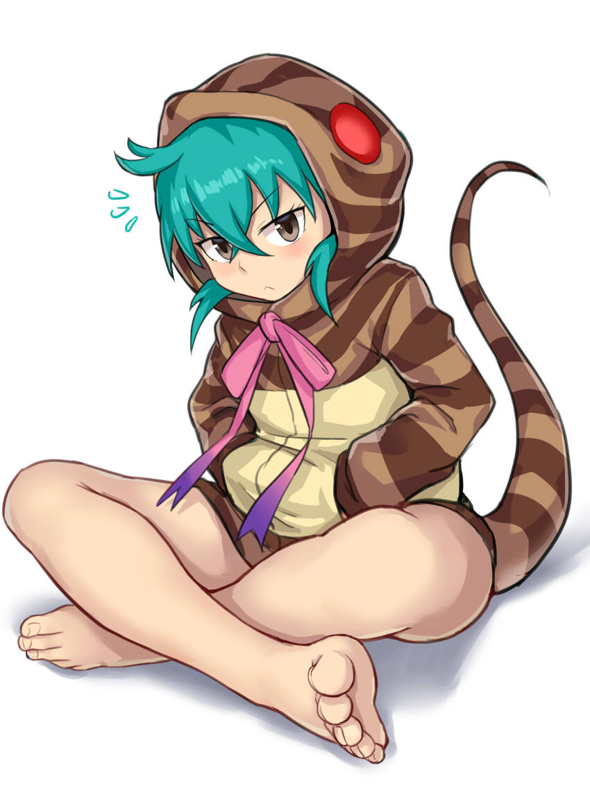 1girl, :<, absurdres, animal_hood, aomoro, aqua_hair, bare_legs, barefoot