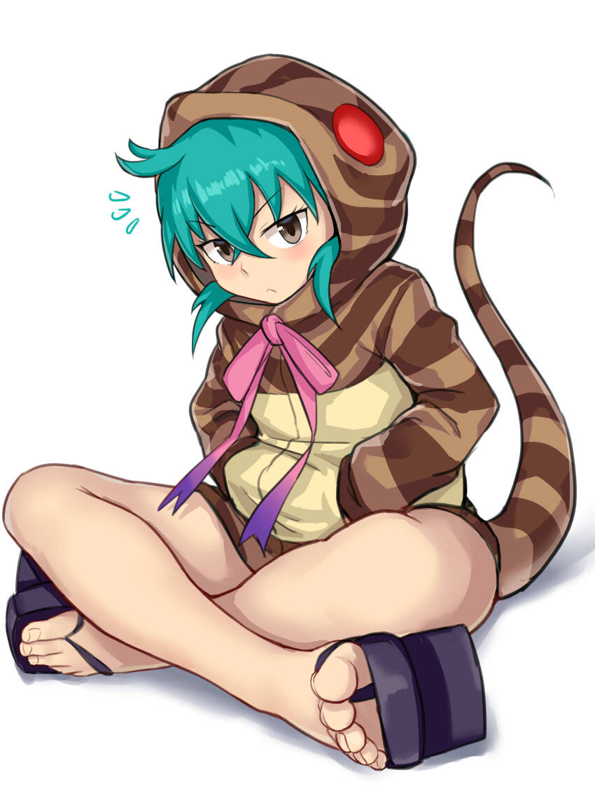 1girl, :<, absurdres, animal_hood, aomoro, aqua_hair, bare_legs, blue_ribbon