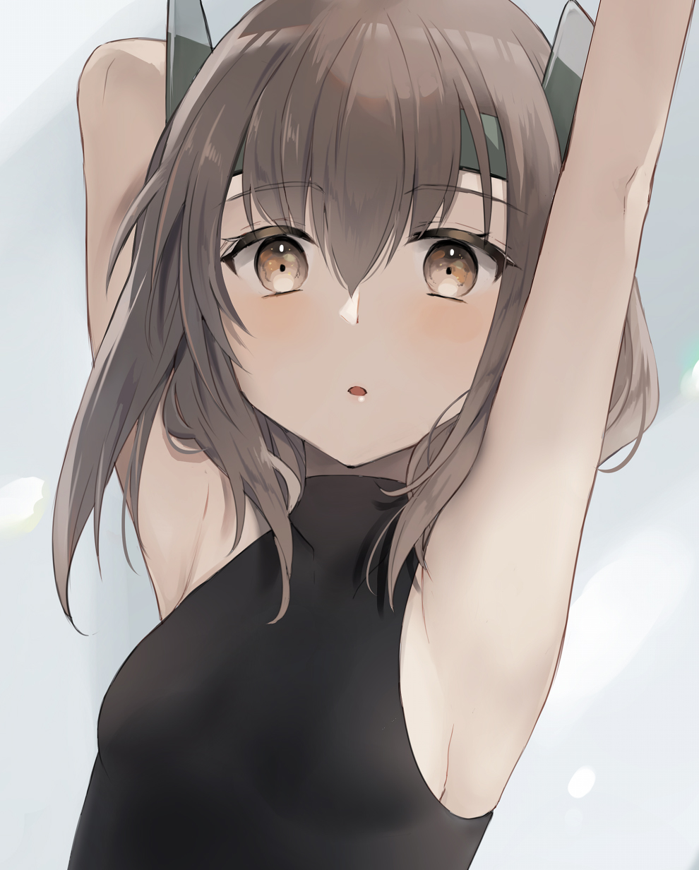 1girl, armpits, arms_up, black_shirt, breasts, brown_eyes, brown_hair, commentary_request