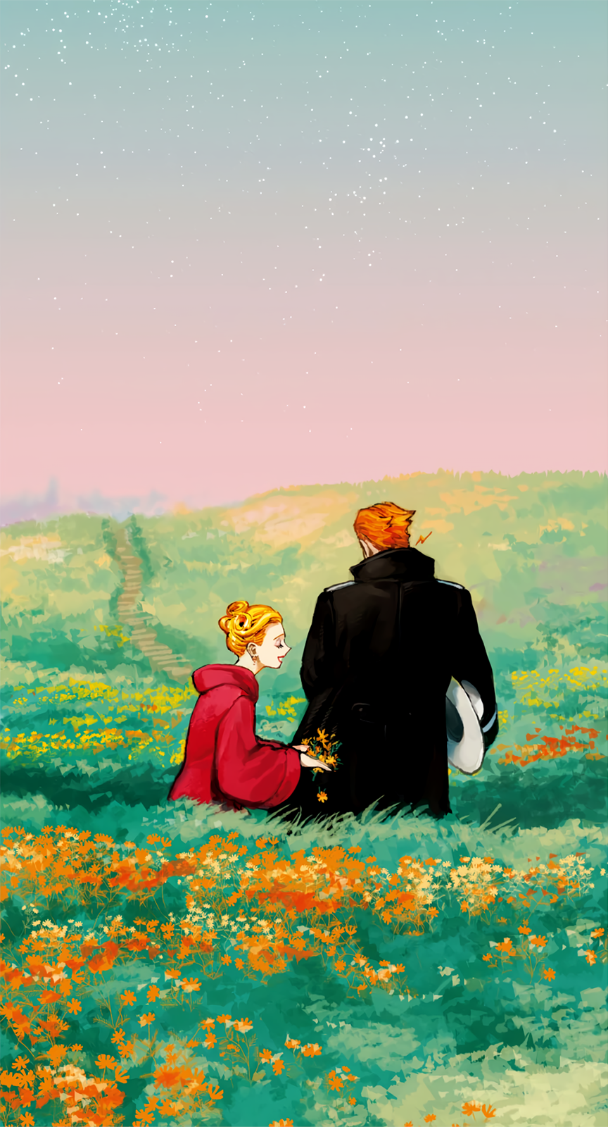 1boy, 1girl, alexander_(veil), black_coat, blonde_hair, closed_eyes, coat, emma_(veil)