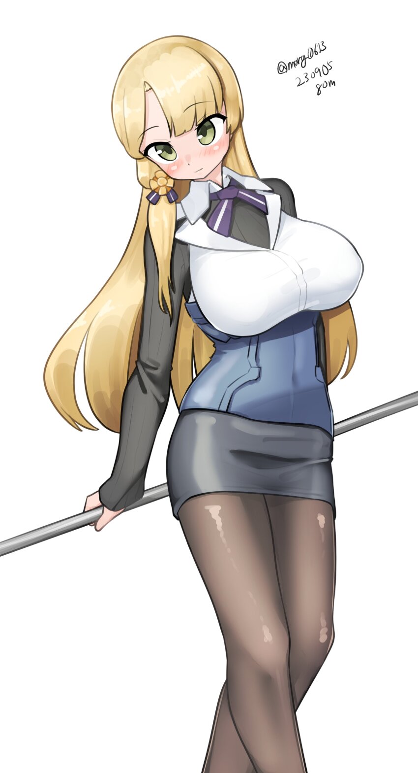 1girl, absurdres, black_shirt, blonde_hair, blunt_bangs, breasts, feet_out_of_frame, green_eyes