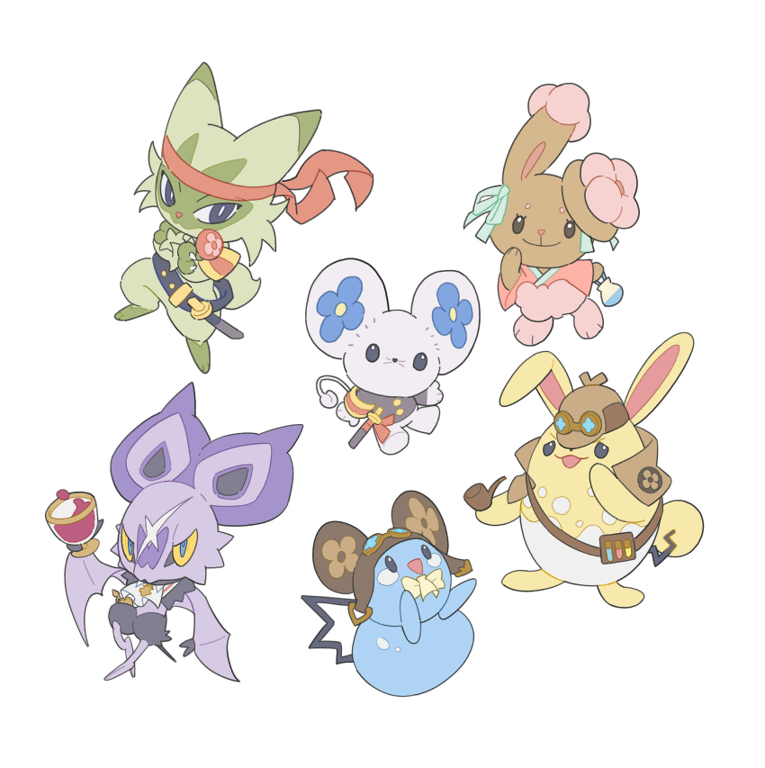 :d, absurdres, ace_attorney, alternate_color, armband, ascot, azumarill, azurill, bag, barok_van_zieks, barok_van_zieks_(cosplay), black_eyes, black_jacket, blue_ribbon, brown_capelet, brown_headwear, buneary, capelet, chalice, chinese_commentary, closed_mouth, colored_sclera, commentary_request, cosplay, cup, deerstalker, floragato, full_body, gen_2_pokemon, gen_3_pokemon, gen_4_pokemon, gen_6_pokemon, goggles, goggles_on_head, hat, headband, herlock_sholmes, herlock_sholmes_(cosplay), highres, holding, holding_bag, holding_cup, holding_smoking_pipe, iris_wilson, iris_wilson_(cosplay), jacket, katana, kazuma_asogi, kazuma_asogi_(cosplay), lee999nine, looking_at_viewer, nintendo, no_humans, noibat, open_mouth, pokemon, pokemon_(creature), red_headband, ribbon, ryunosuke_naruhodo, ryunosuke_naruhodo_(cosplay), scar, scar_on_face, shiny_pokemon, simple_background, smile, smoking_pipe, standing, susato_mikotoba, susato_mikotoba_(cosplay), sword, tandemaus, the_great_ace_attorney, weapon, white_ascot, white_background, yellow_sclera