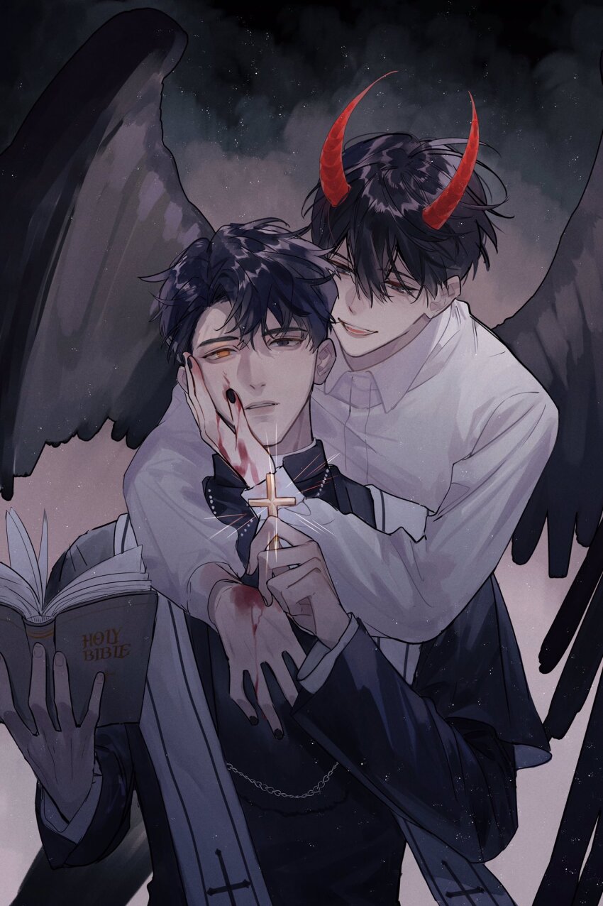 2boys, arms_around_neck, black_eyes, black_hair, black_nails, black_wings, blood, blood_on_hands
