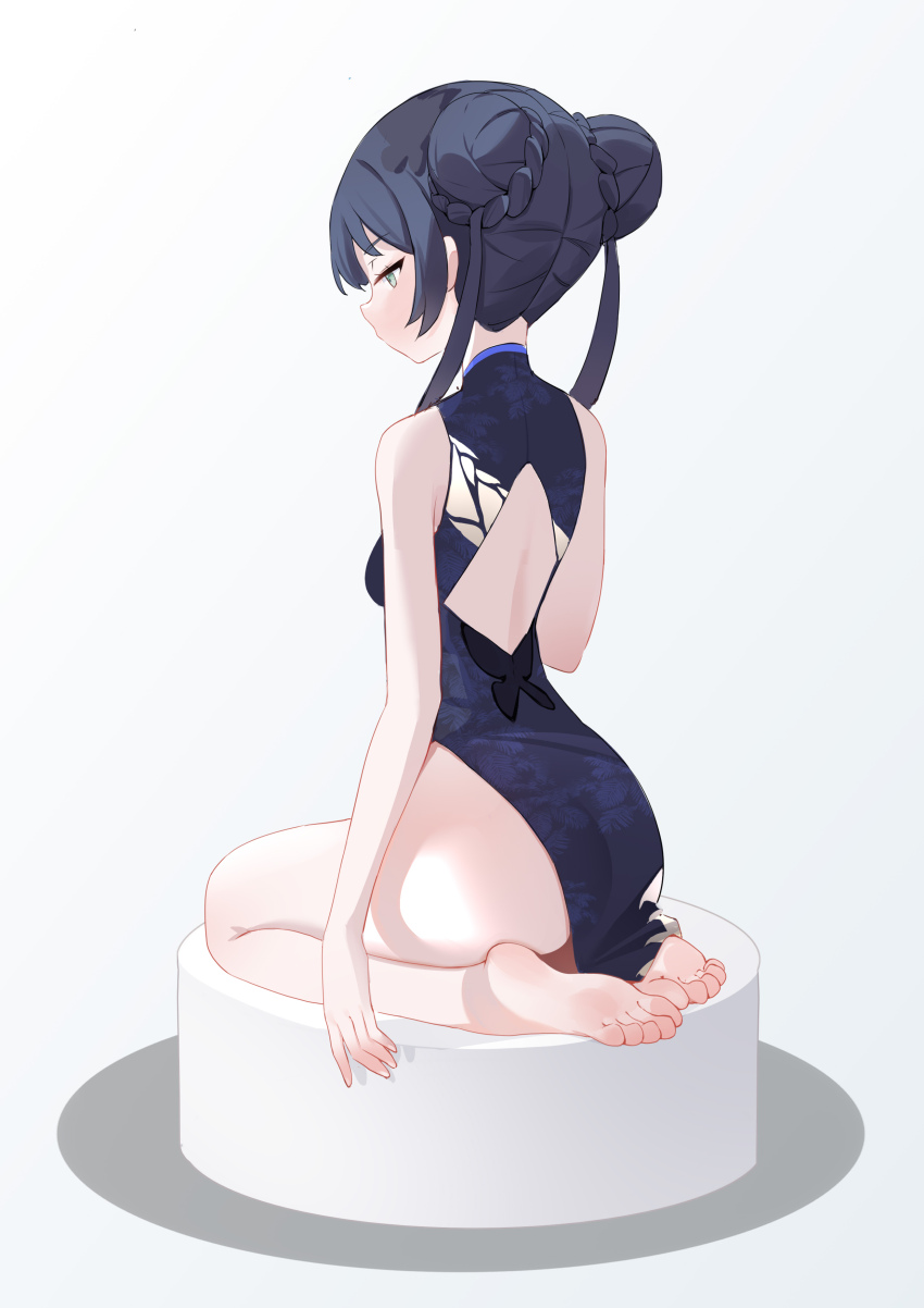 1girl, absurdres, ass, back, back_cutout, backless_dress, backless_outfit, bare_arms, bare_legs, bare_shoulders, barefoot, black_dress, black_hair, blue_archive, bob_(artist), bob_(pixiv49522586), braid, braided_bun, china_dress, chinese_clothes, clothing_cutout, double_bun, dress, feet, full_body, green_eyes, hair_bun, highres, kisaki_(blue_archive), legs, long_hair, profile, seiza, side_slit, sidelocks, simple_background, sitting, sleeveless, sleeveless_dress, soles, solo, toes, twintails, white_background