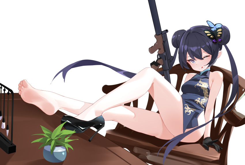 1girl, absurdres, arm_support, bare_arms, bare_legs, bare_shoulders, barefoot, black_dress, black_gloves, black_hair, black_shoes, blue_archive, bob_(artist), bob_(pixiv49522586), butterfly_hair_ornament, chair, china_dress, chinese_clothes, cs/ls06, double_bun, dress, feet, full_body, gloves, gun, hair_between_eyes, hair_bun, hair_ornament, helical_magazine, high-capacity_magazine, high_heels, highres, holding, holding_gun, holding_weapon, kisaki_(blue_archive), legs, long_hair, looking_at_viewer, one_eye_closed, plant, potted_plant, shoes, sidelocks, simple_background, single_shoe, sitting, sleeveless, soles, solo, submachine_gun, suppressor, table, thighs, toes, tongue, tongue_out, twintails, unworn_shoes, weapon, white_background, wink