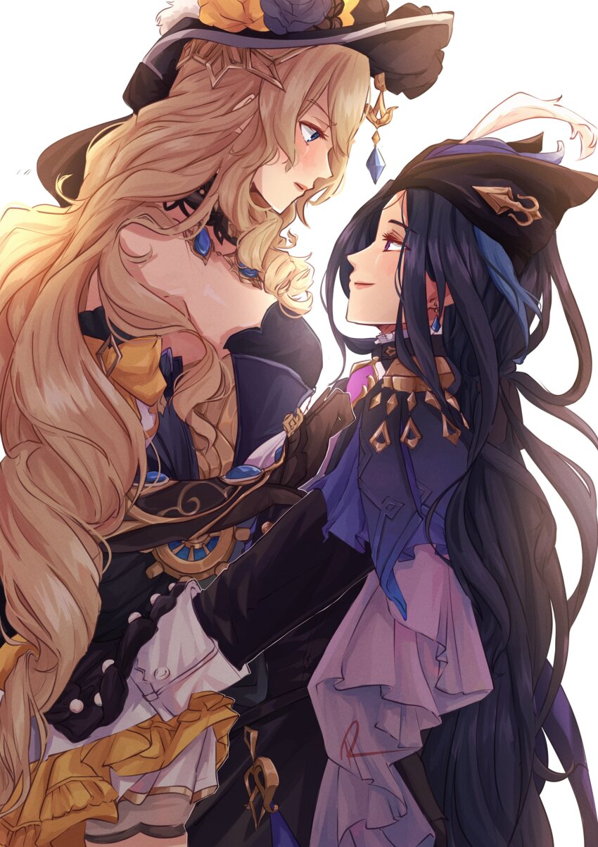 absurdres, black_corset, black_headwear, blue_cape, blue_eyes, blue_gem, blue_hair, blue_headwear, breasts, cape, clorinde_(genshin_impact), corset, drill_hair, drill_sidelocks, flower, gem, genshin_impact, hallybrr, hat, hat_feather, hat_flower, highres, large_breasts, navia_(genshin_impact), purple_eyes, sidelocks, tricorne, yuri