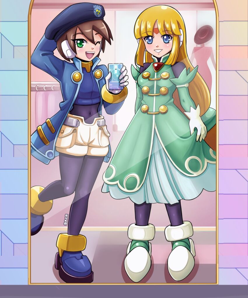 2girls, aile_(mega_man_zx), beret, black_bodysuit, blonde_hair, blue_eyes, bodysuit, breasts