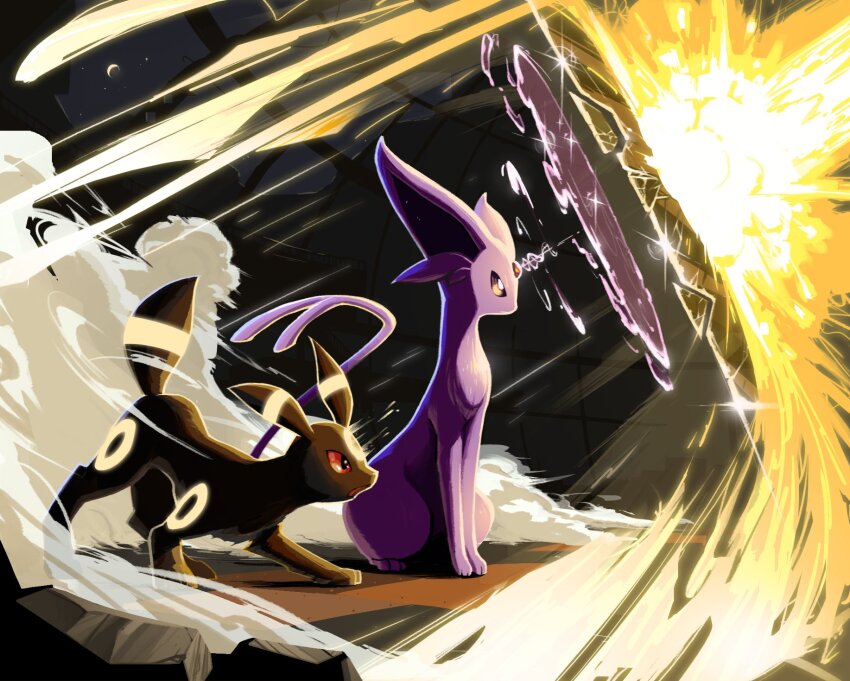 closed_mouth, crescent_moon, energy_barrier, energy_blast, espeon, forehead_jewel, forked_tail, full_body, gen_2_pokemon, highres, jak_(jaksinart), light_screen_(pokemon), moon, nintendo, no_humans, pokemon, pokemon_(creature), pokemon_move, red_eyes, reflect_(pokemon), sitting, tail, umbreon, yellow_eyes