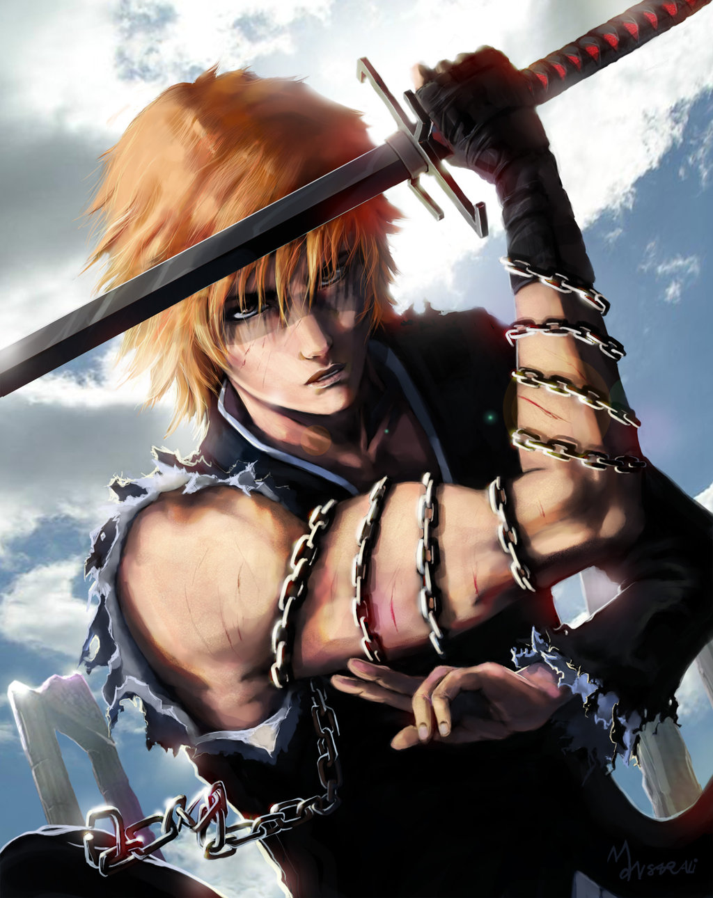 1boy, blade, bleach, chain, epic, fingerless_gloves, gloves, highres, injury, katana, kurosaki_ichigo, male_focus, mansarali, muhammed_ansar_ali, orange_hair, realistic, short_hair, signature, sky, solo, spoilers, sword, torn_clothes, weapon, yellow_eyes