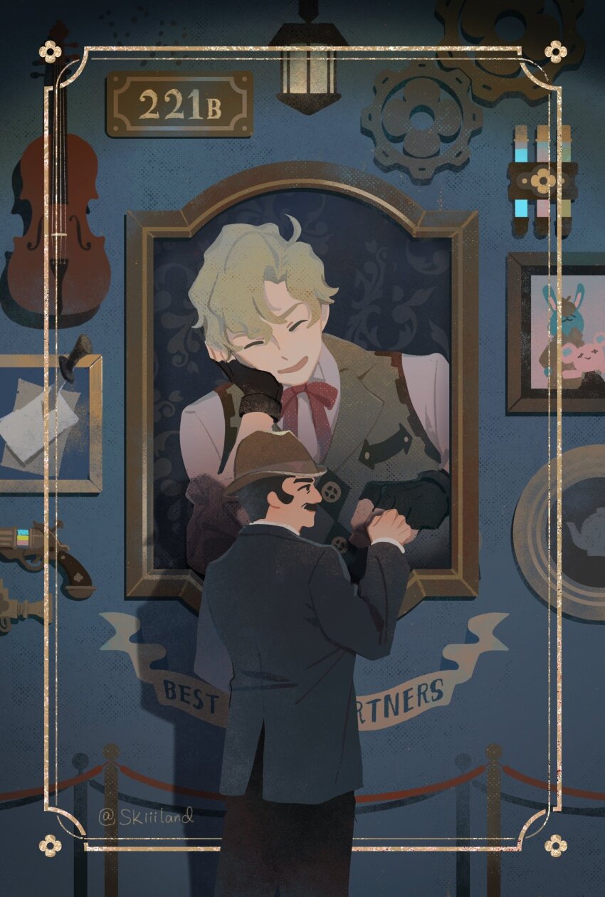 2boys, ace_attorney, black_hair, black_jacket, blonde_hair, bowl, bowl_hat, brown_headwear, closed_eyes, collared_shirt, dagger, facial_hair, fist_bump, flask, gears, gun, hat, herlock_sholmes, highres, instrument, jacket, knife, kumaris, lamp, long_sleeves, male_focus, multiple_boys, mustache, neck_ribbon, open_mouth, painting_(object), paper, picture_frame, pink_ribbon, pink_shirt, portrait_(object), ribbon, sakey1997, shirt, short_hair, sign, smile, standing, the_great_ace_attorney, usalock, vest, violin, weapon, yujin_mikotoba