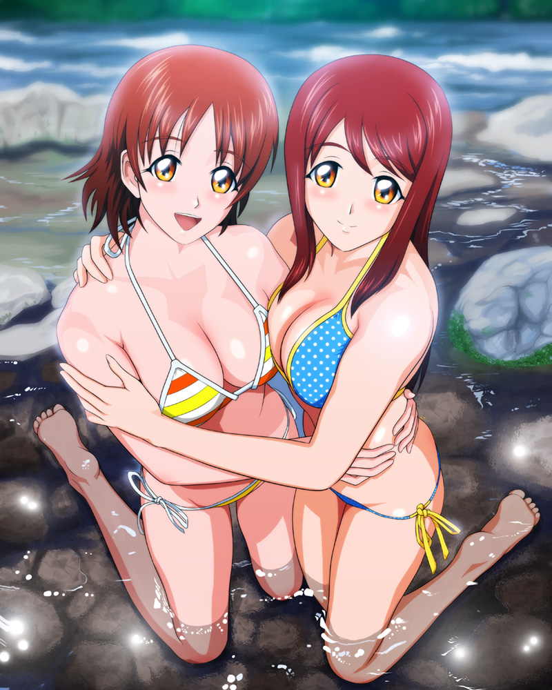 2girls, asymmetrical_docking, bare_shoulders, barefoot, bikini, blush, breast_press, breasts, brown_hair, cleavage, feet, from_above, hoshikawa_maki, hug, kneeling, large_breasts, long_hair, multiple_girls, open_mouth, orange_eyes, outdoors, partially_submerged, red_hair, satsuki_yuu, school_uniform, shopyun, side-tie_bikini_bottom, smile, submerged, swimsuit, tokimeki_memorial, tokimeki_memorial_4, water