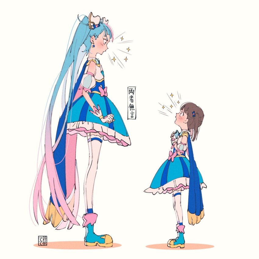 2girls, aoi_tete, artist_name, blue_cape, blue_dress, blue_eyes, blue_footwear, blue_hair