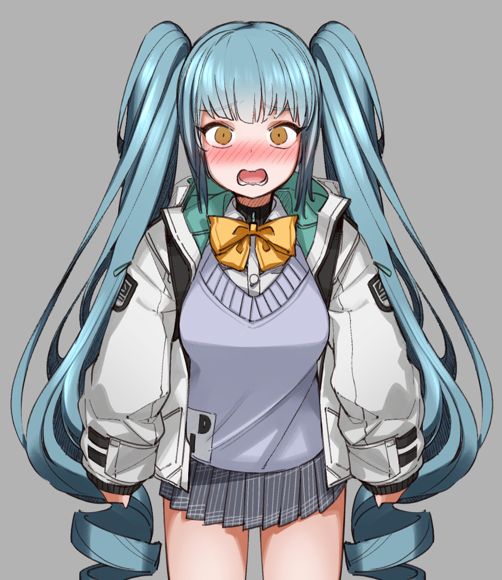 1girl, admi_(nikke), admi_(nikke)_(cosplay), bag, black_skirt, blue_hair, blush, bow