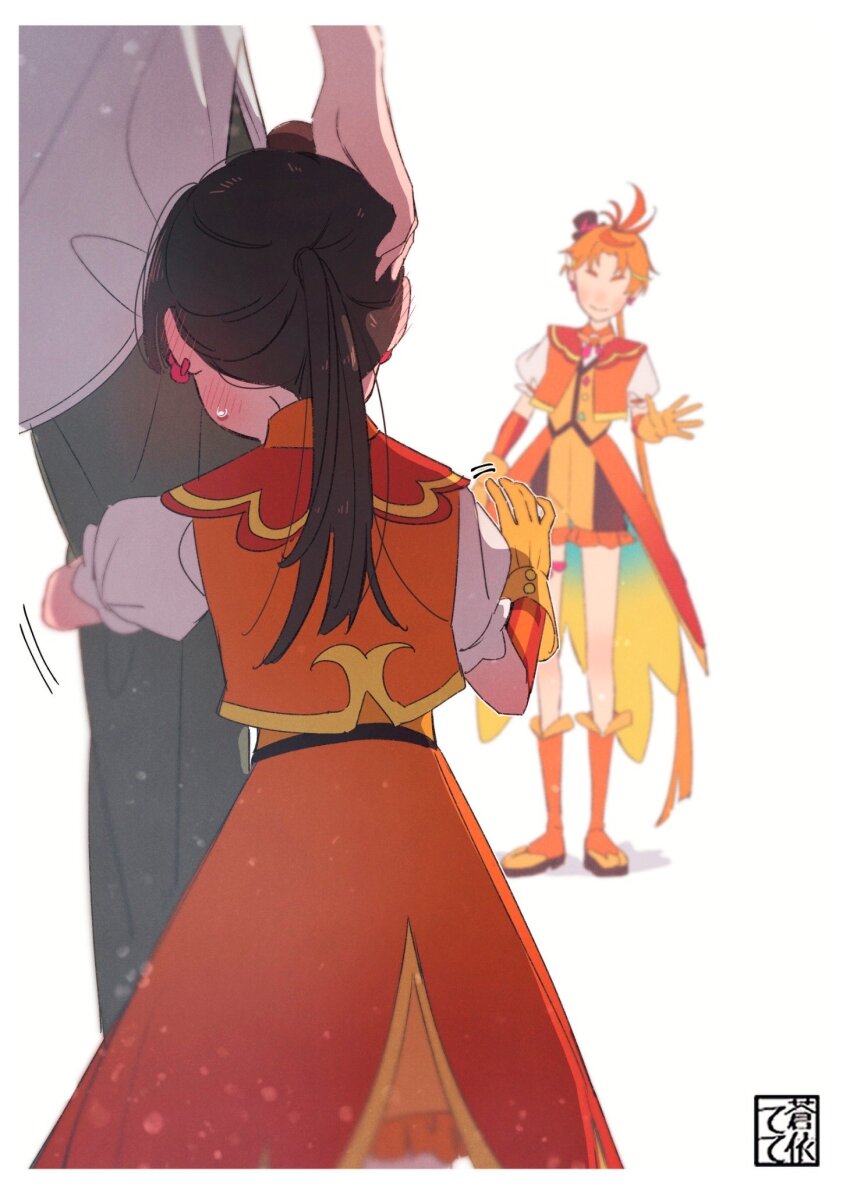 1boy, 1girl, 1other, aoi_tete, artist_name, black_headwear, blush, boots, brown_shorts, closed_mouth, coattails, commentary, cosplay, cure_wing, cure_wing_(cosplay), earrings, faceless, faceless_male, frilled_shorts, frills, gloves, hand_on_another's_head, hat, hiding, hiding_behind_another, highres, hirogaru_sky!_precure, jacket, jewelry, leg_grab, long_hair, looking_at_another, low_ponytail, magical_boy, mini_hat, mini_top_hat, motion_lines, orange_boots, orange_gloves, orange_hair, orange_jacket, orange_vest, parent_and_child, ponytail, precure, puffy_short_sleeves, puffy_sleeves, short_sleeves, shorts, signature, simple_background, smile, standing, sweatdrop, tailcoat, thigh_strap, tilted_headwear, top_hat, vest, white_background, yuunagi_tsubasa