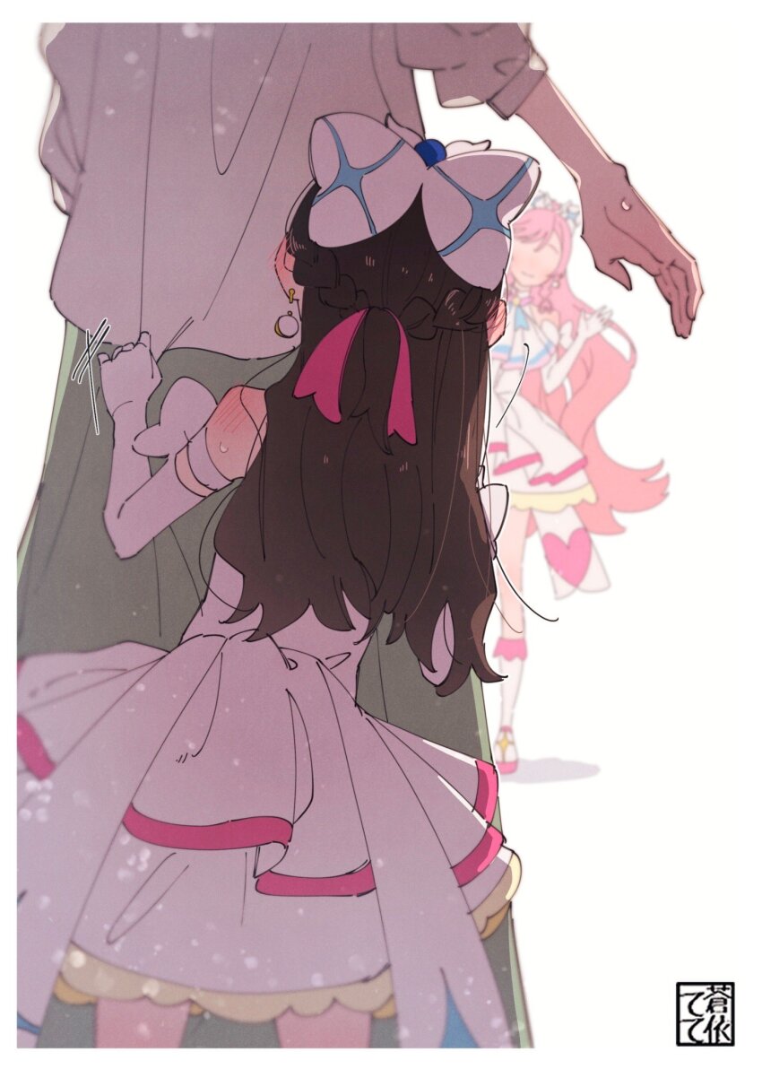 3girls, aoi_tete, artist_name, back_bow, blurry, blurry_background, bow, brown_hair