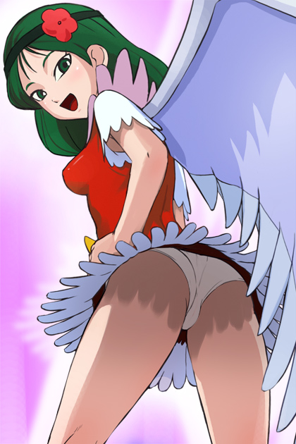 1girl, :d, akuma-kun, angel_wings, ass, breasts, dress, green_eyes, green_hair, hairband, haruyama_kazunori, long_hair, looking_at_viewer, medium_breasts, open_mouth, outline, panties, simple_background, skirt, smile, solo, toriotome_nasuka, underwear, white_outline, white_panties, wings