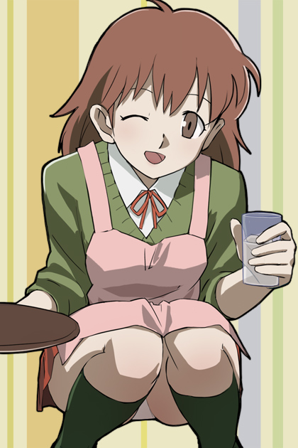 1girl, apron, brown_eyes, brown_hair, character_request, haruyama_kazunori, long_hair, looking_at_viewer, one_eye_closed, open_mouth, panties, pink_apron, red_ribbon, ribbon, skirt, smile, solo, underwear, white_panties, zettai_shounen