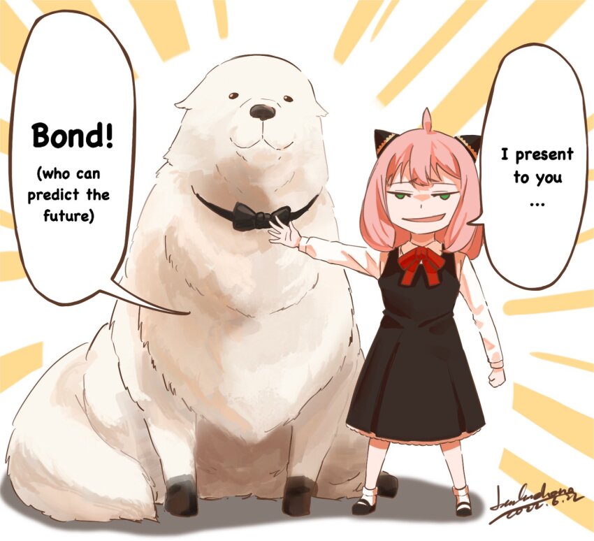 anya_(spy_x_family), black_bow, black_dress, black_footwear, bobby_socks, bond_(spy_x_family), bow, collared_shirt, dog, dress, english_text, frilled_dress, frills, green_eyes, hair_horns, hand_up, highres, linlinzhong, long_sleeves, looking_at_viewer, neck_ribbon, open_mouth, pink_hair, pointing, pointing_at_another, red_ribbon, ribbon, shadow, shirt, short_hair, signature, sitting, socks, speech_bubble, spy_x_family, standing, white_dog, white_fur, white_shirt, white_socks