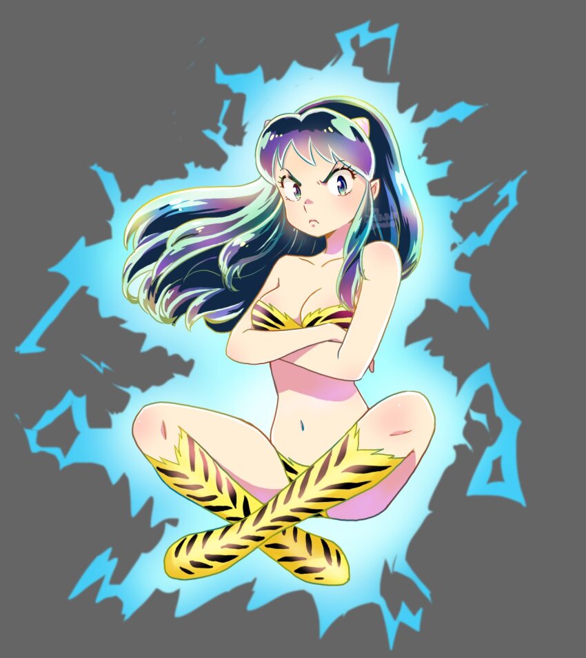 01angelegg, 1girl, angry, animal_print, bikini, blue_eyes, boots, cone_horns, crossed_arms, crossed_legs, electricity, eyelashes, floating, green_hair, highres, horns, lum, multicolored_hair, navel, oni, solo, strapless, strapless_bikini, swimsuit, tiger_print, urusei_yatsura