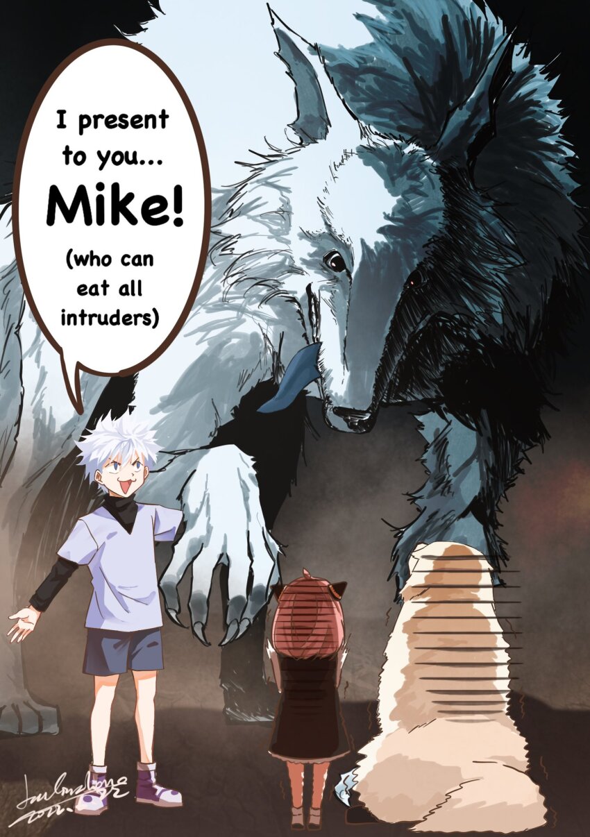 1boy, 1girl, :3, anya_(spy_x_family), bad_link, bad_twitter_link, black_dress, blue_eyes, blue_fur, blue_shorts, bobby_socks, bond_(spy_x_family), dog, dress, english_text, frills, hair_horns, highres, hunter_x_hunter, killua_zoldyck, linlinzhong, long_sleeves, looking_at_another, mike_(hunter_x_hunter), on_ground, open_mouth, pink_hair, purple_footwear, scared, shaking, shirt, shoes, short_hair, shorts, signature, simple_background, socks, speech_bubble, spiked_hair, spy_x_family, standing, tongue, tongue_out, turtleneck, white_fur, white_hair, white_shirt, wolf